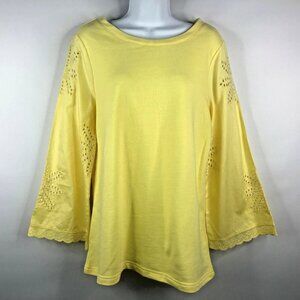 Soft Surroundings Bonavista Tunic Top Sweatshirt Yellow Eyelet Bell Sleeve